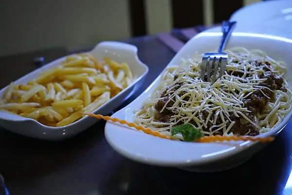 Buffet noodles and fries